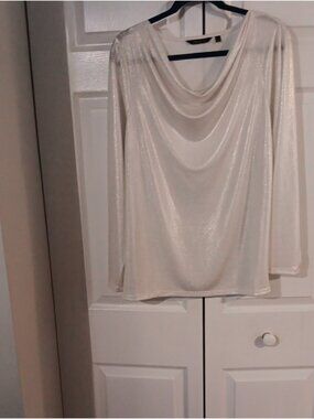 Cream Shimmery Draped Neck Long Sleeve Top